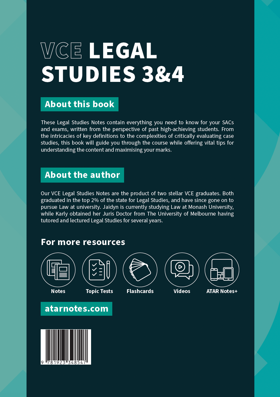 VCE Legal Studies 3&4 Course Notes by ATAR Notes, featuring descriptive text, resource icons, and a barcode on a dark teal background.