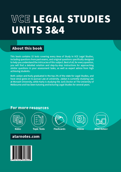 VCE Legal Studies Units 3&4 Topic Tests book by ATAR Notes, with a dark teal cover, white title, and resource icons.