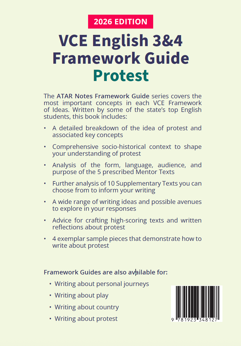 VCE English 3&4 Frameworks Guide: Writing about Protest (2026 Edition) text guide by ATAR Notes, with a white and green cover displaying the title 'Protest' in green.