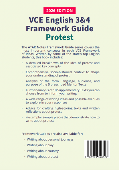 VCE English 3&4 Frameworks Guide: Writing about Protest (2026 Edition) text guide by ATAR Notes, with a white and green cover displaying the title 'Protest' in green.