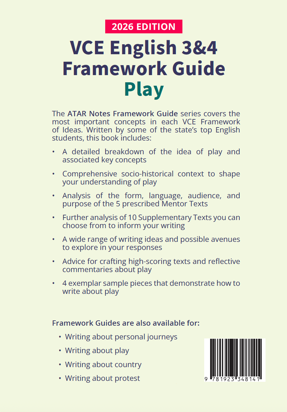 VCE English 3&4 Framework Guide: Play (2026 Edition) by ATAR Notes, with a white cover, blue and green title, and barcode.