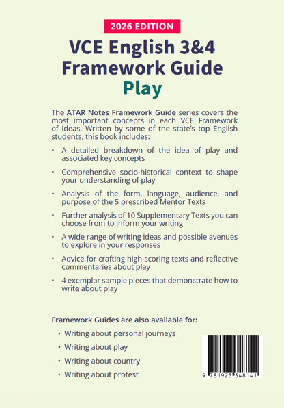 VCE English 3&4 Framework Guide: Play (2026 Edition) by ATAR Notes, with a white cover, blue and green title, and barcode.