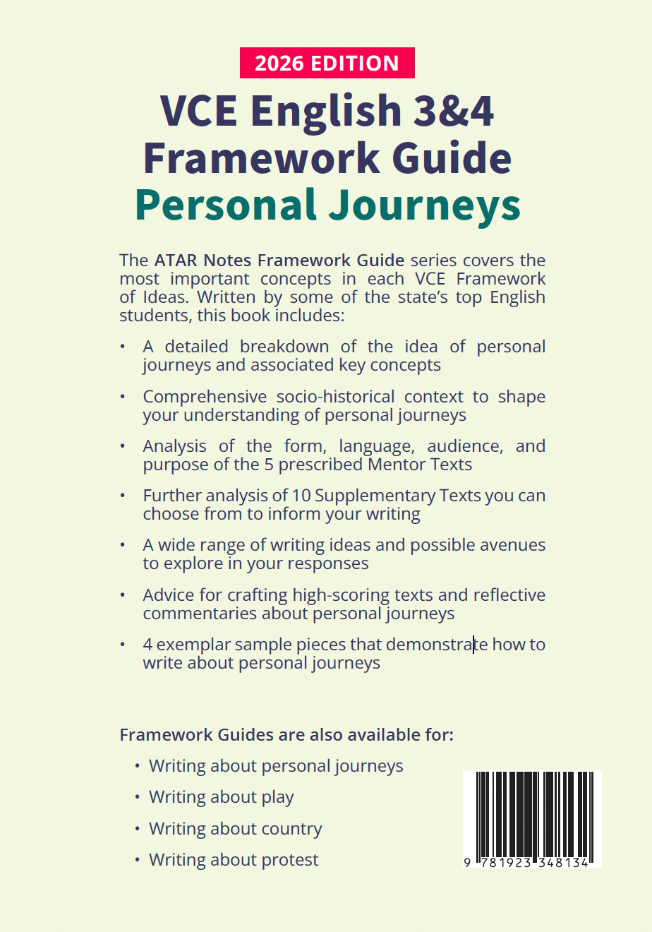 VCE English 3&4 Framework Guide: 'Personal Journeys' 2026 Edition by ATAR Notes, with a light beige, pink, and blue cover.