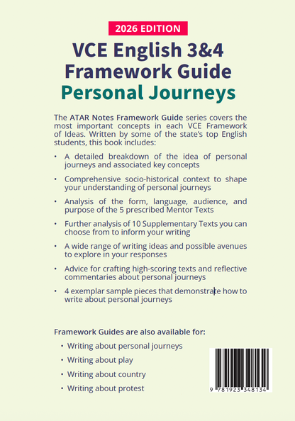 VCE English 3&4 Framework Guide: 'Personal Journeys' 2026 Edition by ATAR Notes, with a light beige, pink, and blue cover.