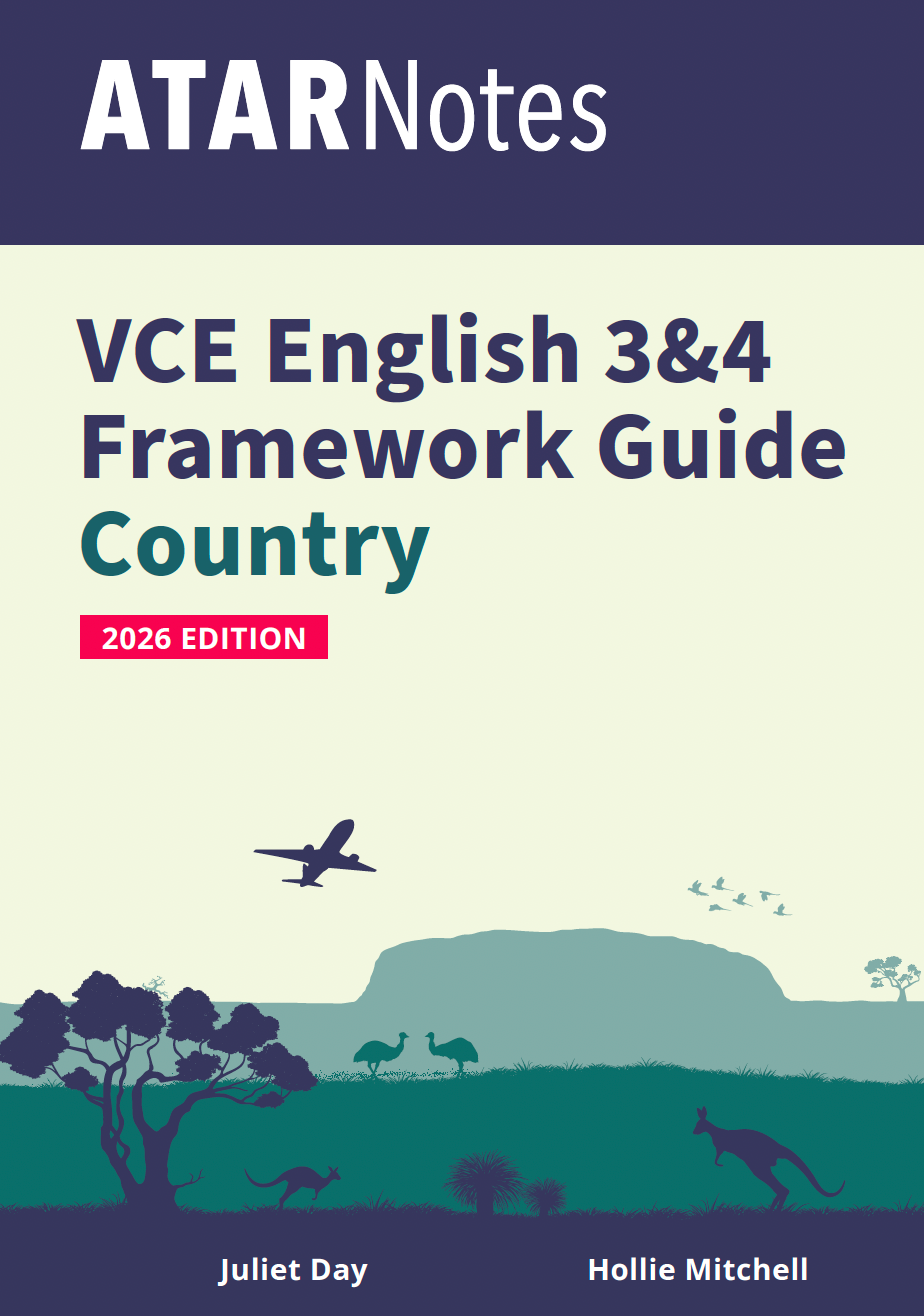 White VCE English 3&4 Framework Guide Country by ATAR Notes, 2026 Edition, with an Australian landscape featuring a plane, kangaroos, and emus.