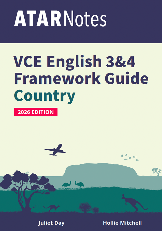 White VCE English 3&4 Framework Guide Country by ATAR Notes, 2026 Edition, with an Australian landscape featuring a plane, kangaroos, and emus.