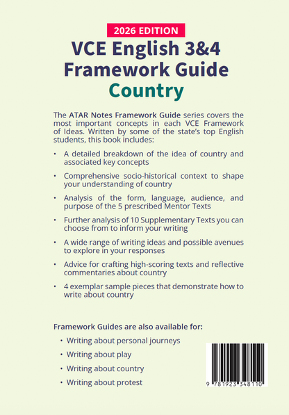 Light yellow VCE English 3&4 Framework Guide by ATAR Notes, 2026 Edition, featuring 'Country' in green text and a list of contents.