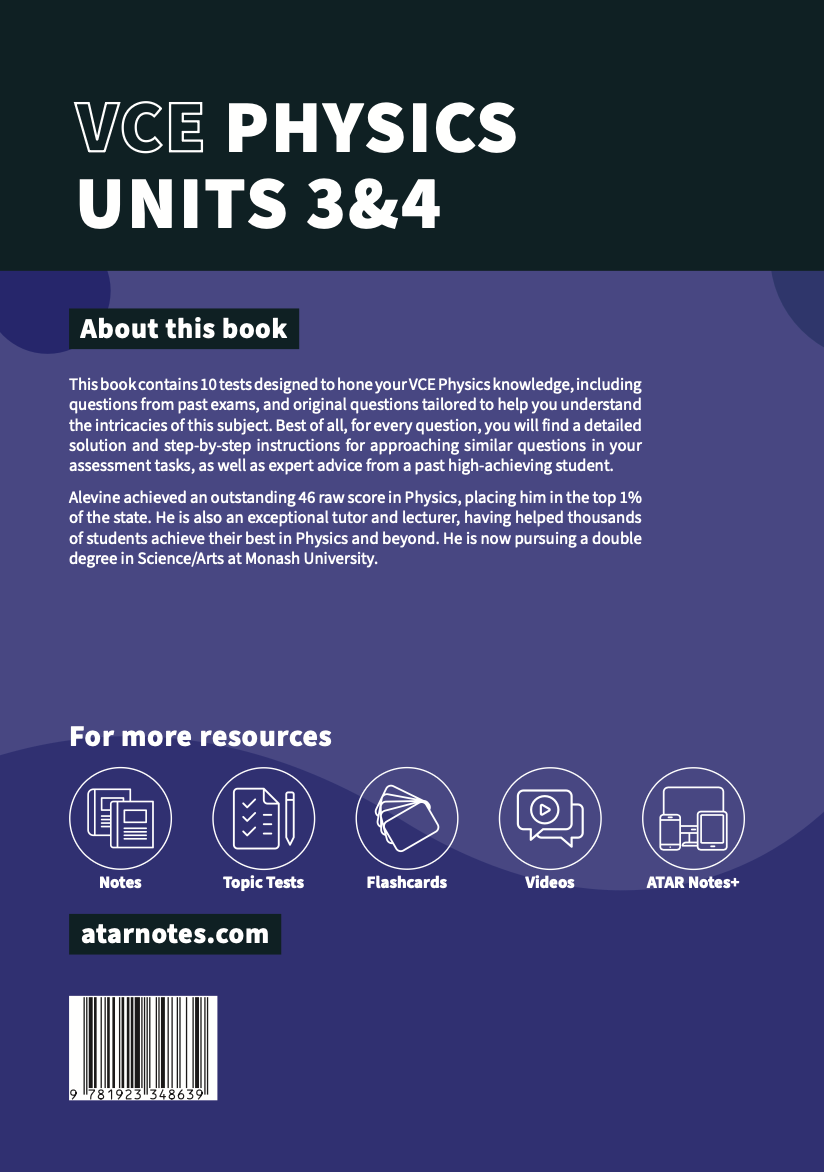 VCE Physics Units 3&4 Topic Tests book by ATAR Notes, dark blue cover with white text and resource icons.