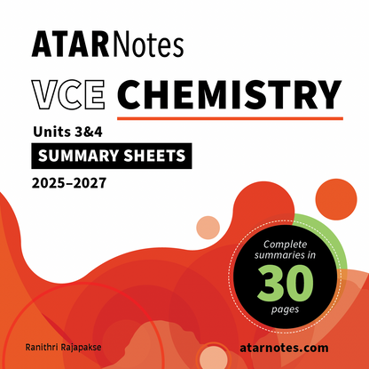 VCE Chemistry Summary Sheets by ATARNotes for Units 3&4 (2025-2027), highlighting '30 pages' on a white background with abstract red and green design.
