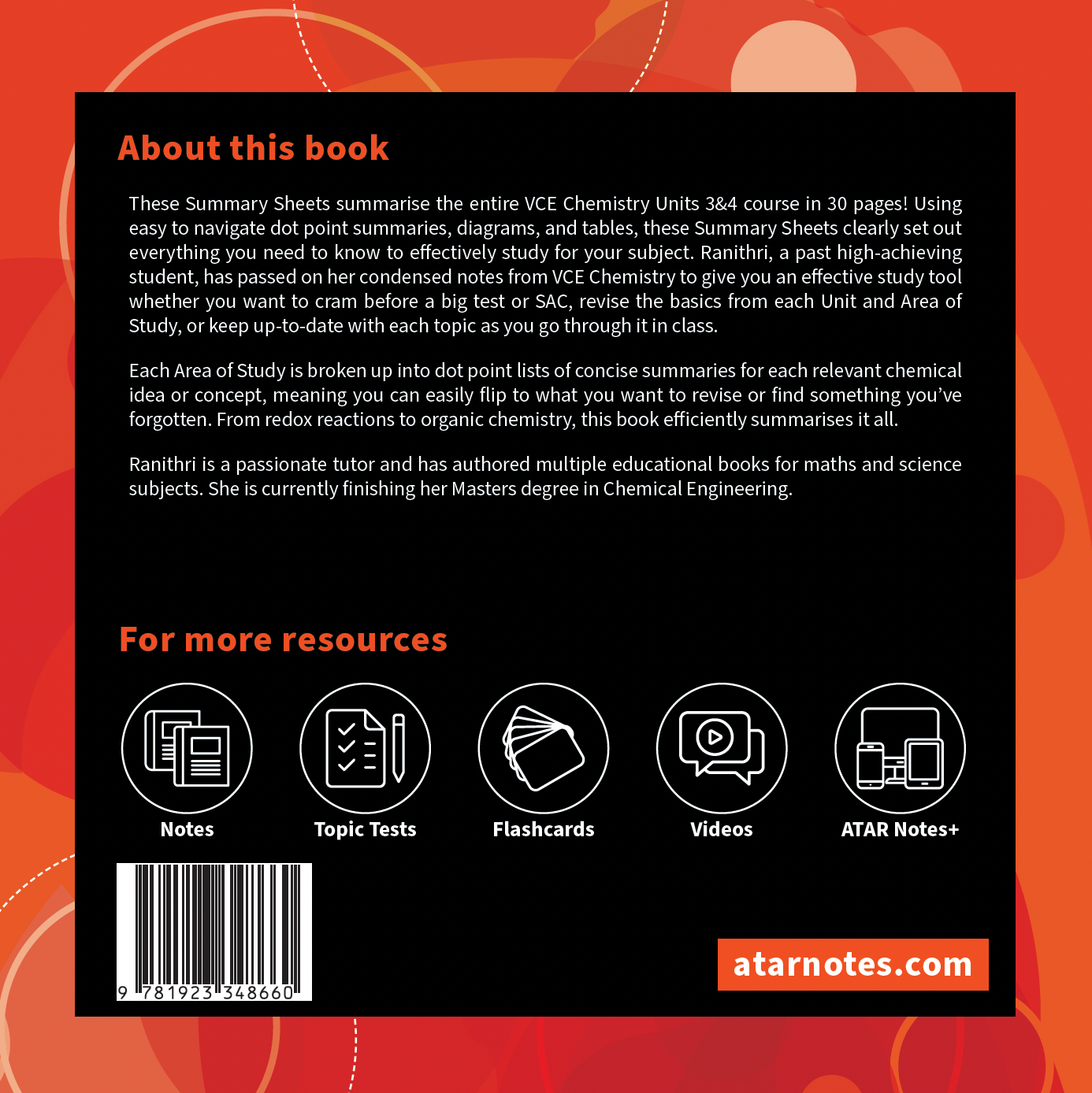 Back cover of VCE Chemistry Summary Sheets by ATAR Notes, featuring abstract orange and red shapes, book details, resource icons, and barcode.