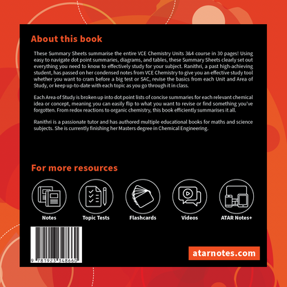 Back cover of VCE Chemistry Summary Sheets by ATAR Notes, featuring abstract orange and red shapes, book details, resource icons, and barcode.