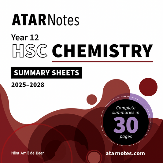 Summary Sheets by ATAR Notes for Year 12 HSC Chemistry with abstract red and purple shapes on a white cover, stating 30 pages.