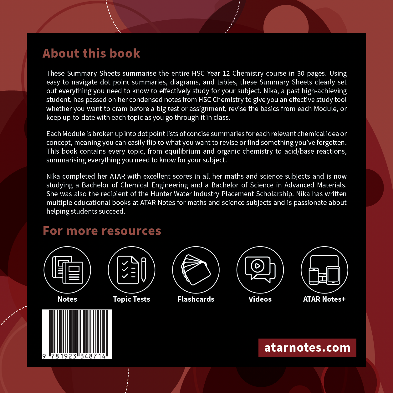 HSC Year 12 Chemistry Summary Sheets by ATAR Notes, with product description, resource icons, barcode, and website on a dark background.