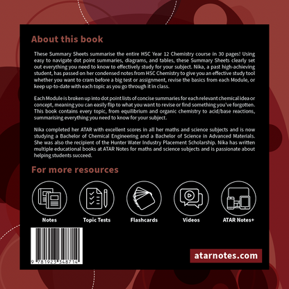 HSC Year 12 Chemistry Summary Sheets by ATAR Notes, with product description, resource icons, barcode, and website on a dark background.