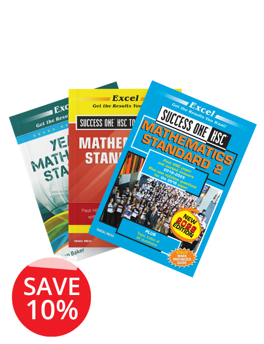 Three HSC Mathematics Standard 2 study books by Excel, with blue, red, and green covers, stacked and featuring a red "SAVE 10%" sticker.