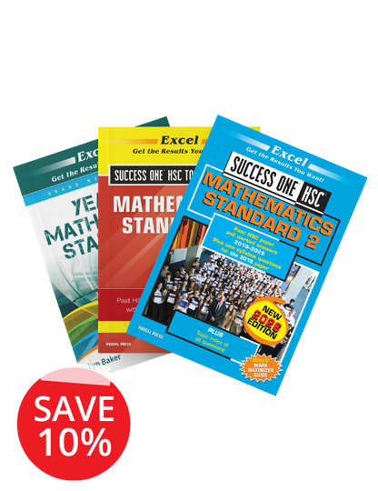 Three HSC Mathematics Standard 2 study books by Excel, with blue, red, and green covers, stacked and featuring a red "SAVE 10%" sticker.