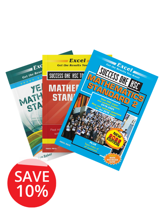 Three HSC Mathematics Standard 2 study books by Excel, with blue, red, and green covers, stacked and featuring a red "SAVE 10%" sticker.