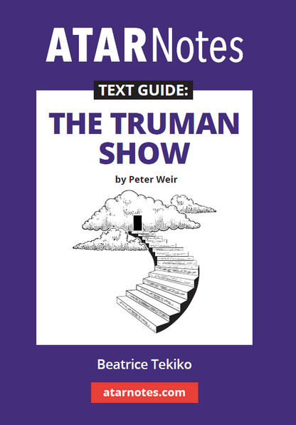 Text Guide for The Truman Show by Peter Weir from ATARNotes, depicting a spiral staircase leading to a door in the clouds.