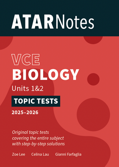 VCE Biology Units 1&2 Topic Tests 2025-2026 by ATAR Notes, featuring a red and dark teal cover with white text and abstract patterns.