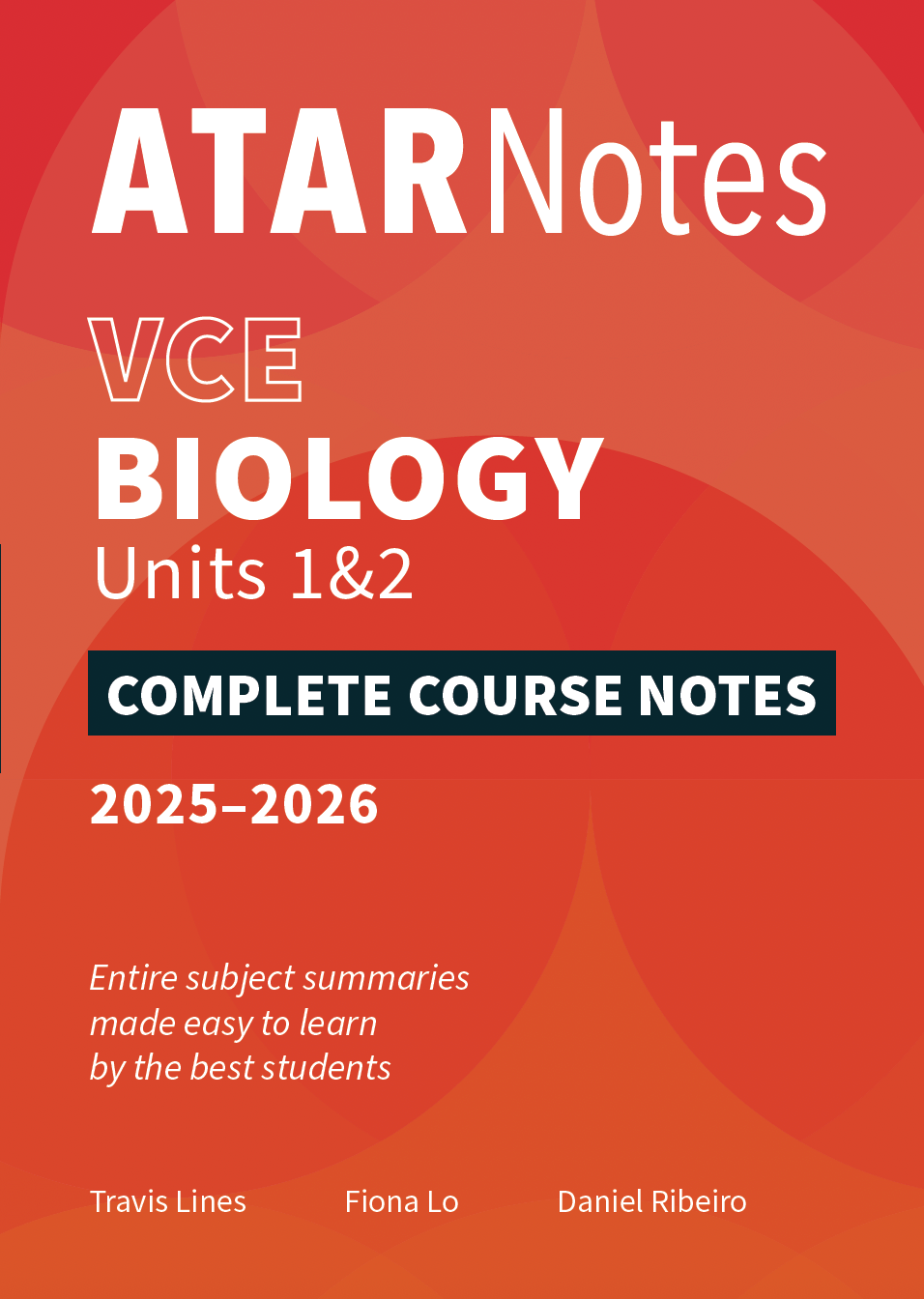 VCE Biology Units 1&2 Complete Course Notes by ATAR Notes, 2025-2026 edition, on a red-orange cover with white text and author names.