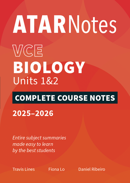 VCE Biology Units 1&2 Complete Course Notes by ATAR Notes, 2025-2026 edition, on a red-orange cover with white text and author names.