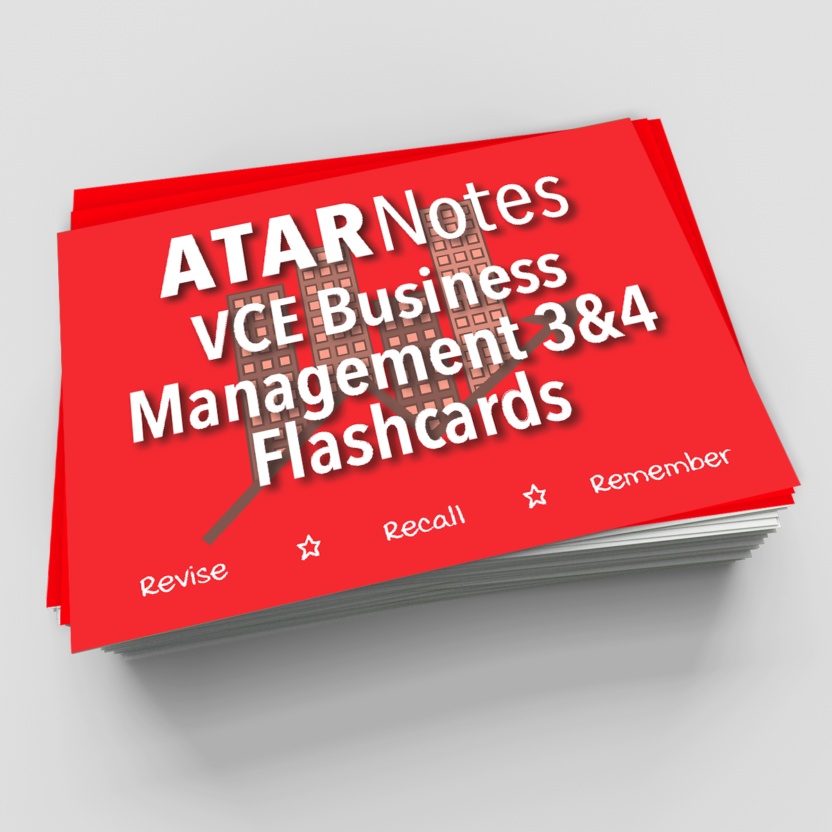 Red flashcards by ATAR Notes with white text and a brown graph graphic, stacked.