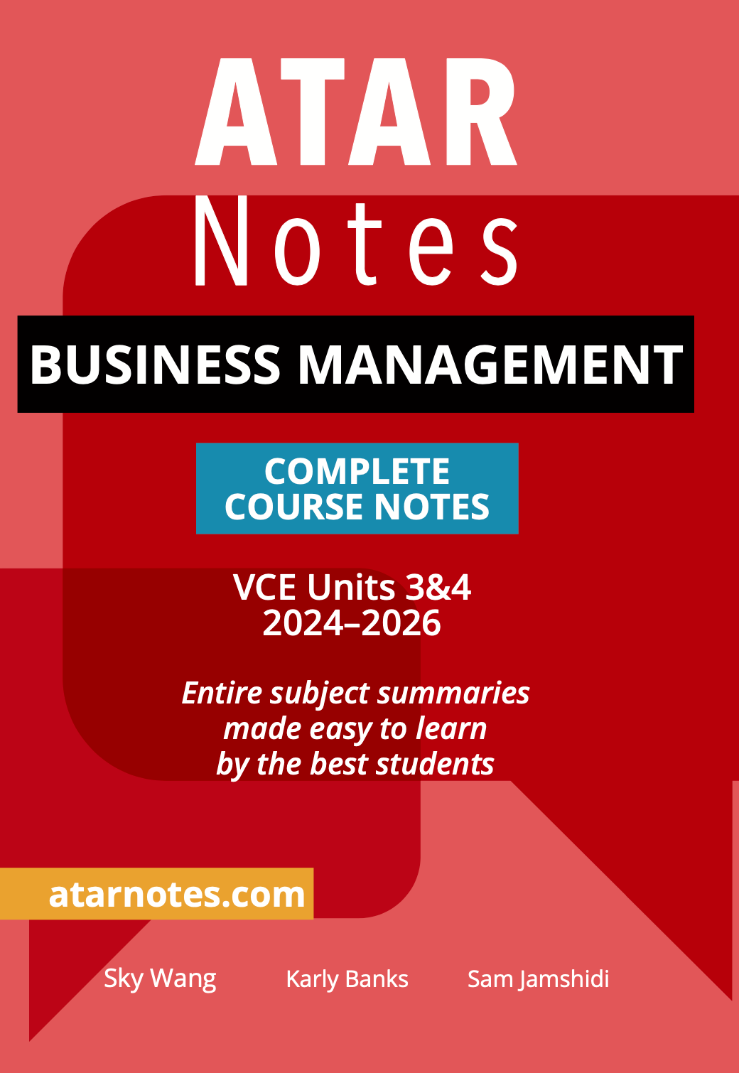 Red course notes by ATAR Notes with black, teal, and yellow sections, detailing VCE Business Management 3&4 for 2024-2026.