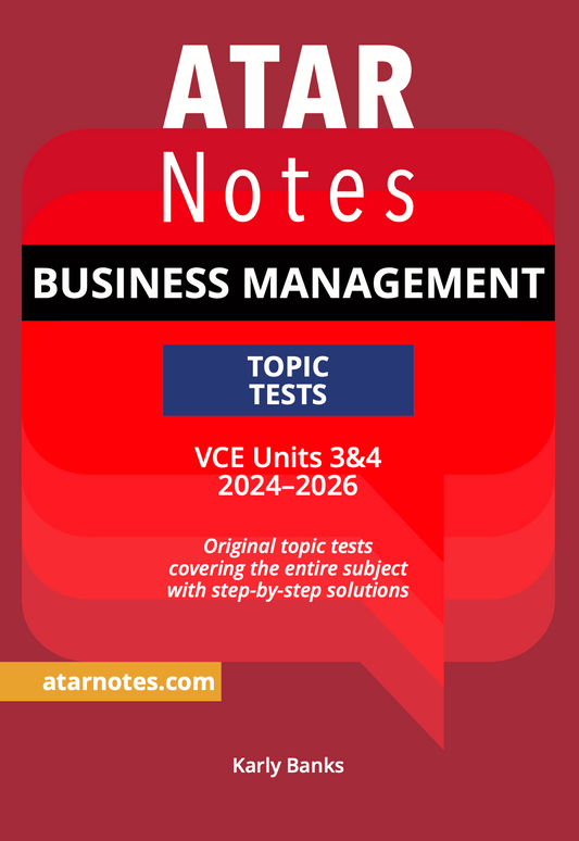 Red VCE Business Management Units 3&4 Topic Tests for 2024-2026 by ATAR Notes, with a blue 'TOPIC TESTS' block and Karly Banks as author.