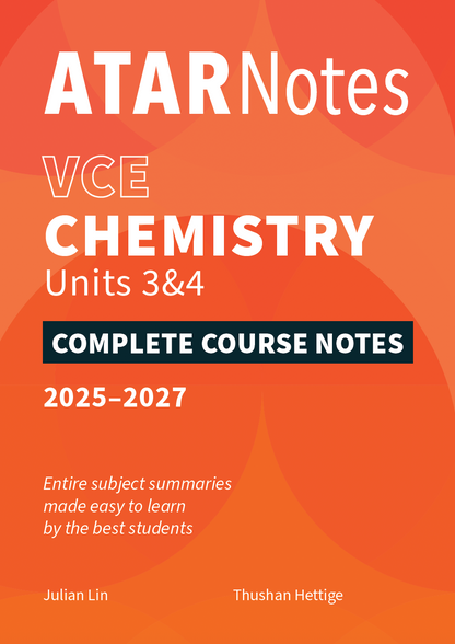 VCE Chemistry Complete Course Notes by ATAR Notes, featuring an orange cover with abstract shapes and white text for Units 3&4, 2025-2027.