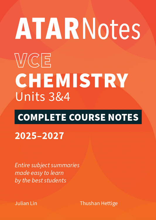 VCE Chemistry Complete Course Notes by ATAR Notes, featuring an orange cover with abstract shapes and white text for Units 3&4, 2025-2027.