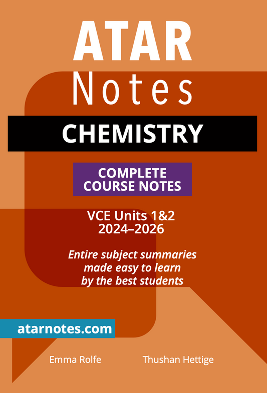 Chemistry Course Notes by ATAR Notes, featuring an orange and black cover with white text 'VCE Units 1&2 2024-2026'.