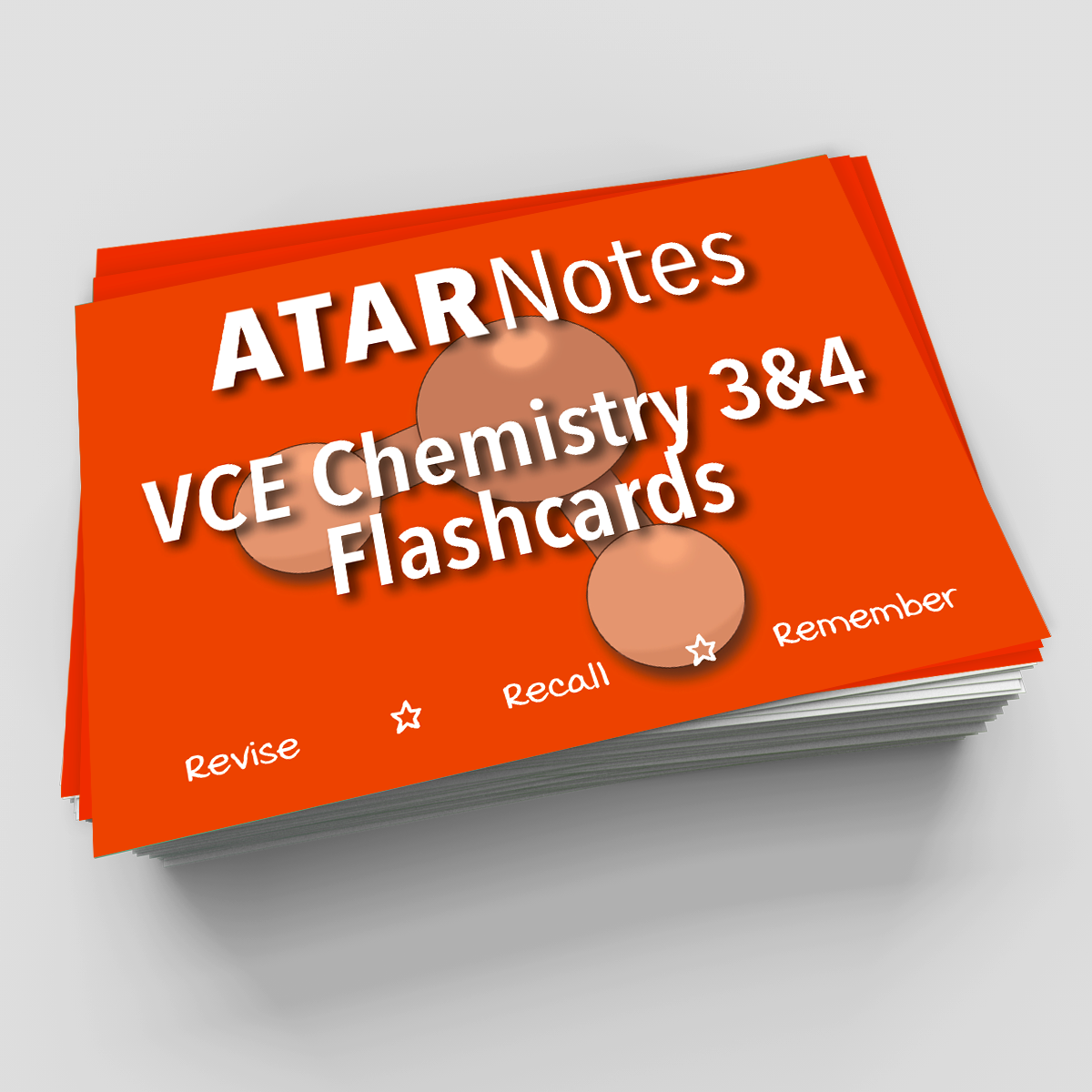 Orange flashcards by ATAR Notes, printed with "VCE Chemistry 3&4" and molecular graphics, stacked and fanned out.