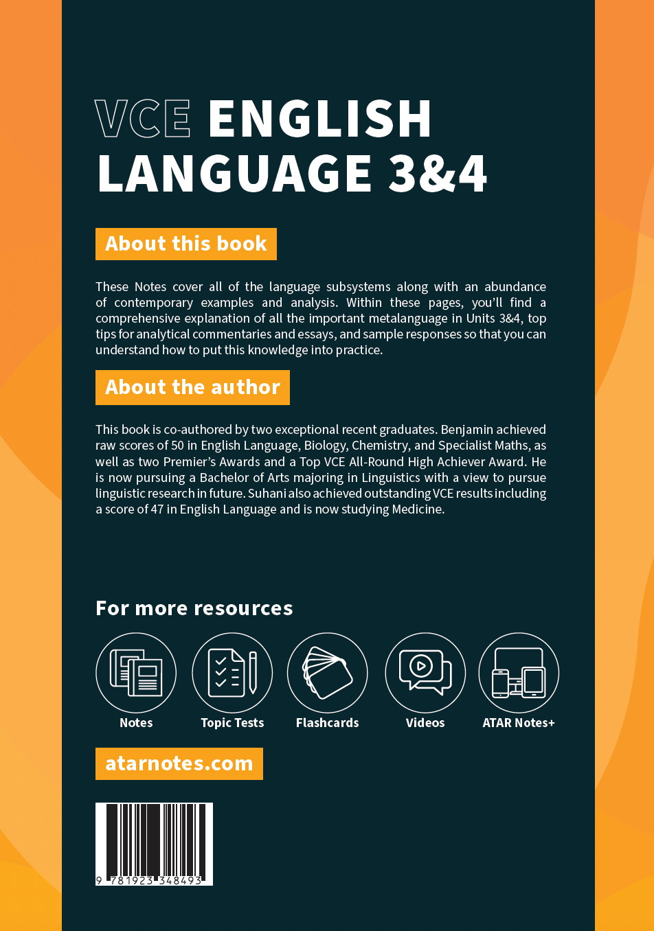 VCE English Language 3&4 Complete Course Notes by ATAR Notes, featuring a dark teal and orange cover with white text and resource icons.