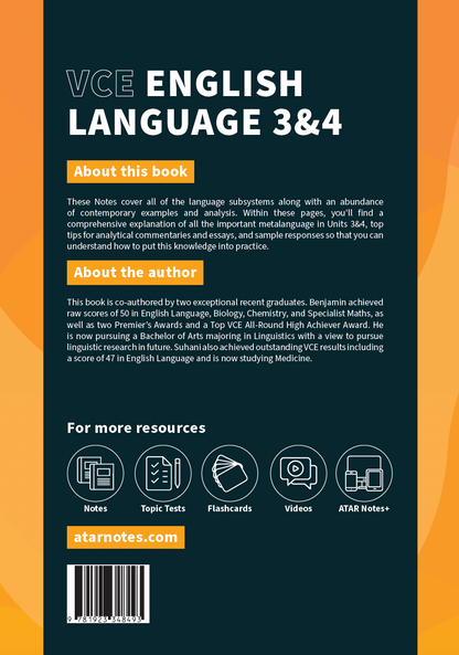 VCE English Language 3&4 Complete Course Notes by ATAR Notes, featuring a dark teal and orange cover with white text and resource icons.