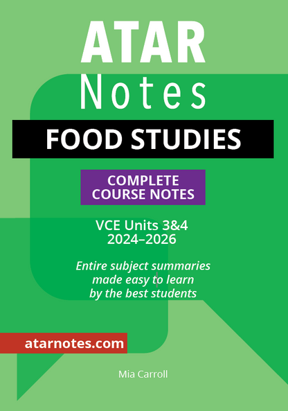 Green and white course notes by ATAR Notes, with 'FOOD STUDIES' on a black banner and 'COMPLETE COURSE NOTES' on a purple banner, for VCE Units 3&4.