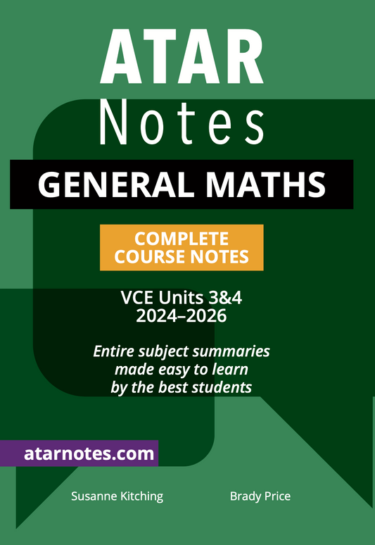 General Maths Complete Course Notes by ATAR Notes, featuring a green and black cover with "GENERAL MATHS" in white and "COMPLETE COURSE NOTES" in orange.