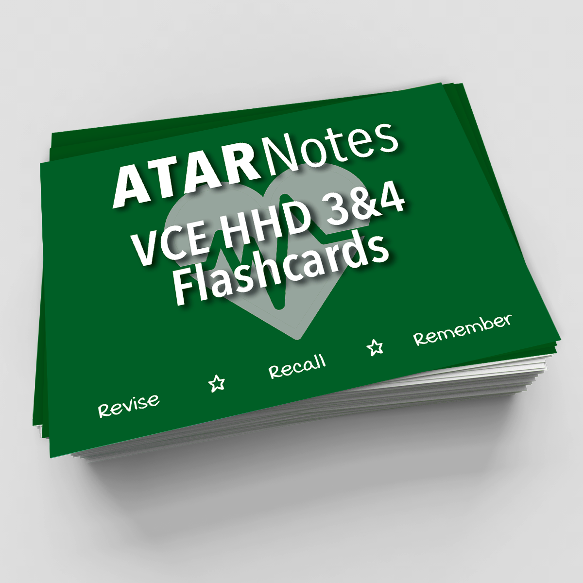 Green stacked flashcards by ATAR Notes, featuring white text "ATARNotes VCE HHD 3&4 Flashcards" and a grey heart graphic.