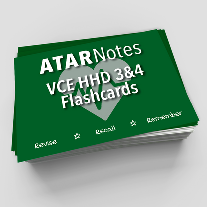 Green stacked flashcards by ATAR Notes, featuring white text "ATARNotes VCE HHD 3&4 Flashcards" and a grey heart graphic.