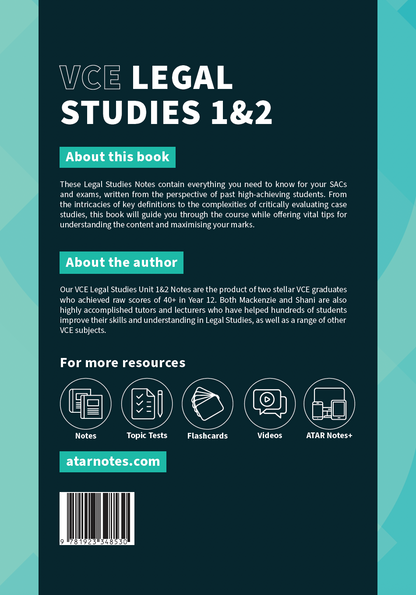 VCE Legal Studies 1&2 course notes book by ATAR Notes, with a dark teal cover, white text, resource icons, and a barcode.