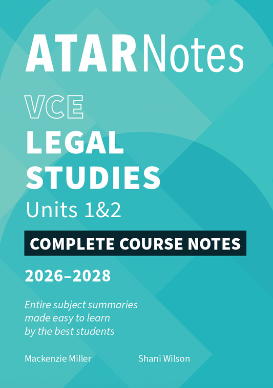 Teal and white VCE Legal Studies course notes from ATAR Notes, featuring geometric patterns and 'Units 1&2 Complete Course Notes 2026-2028' text.