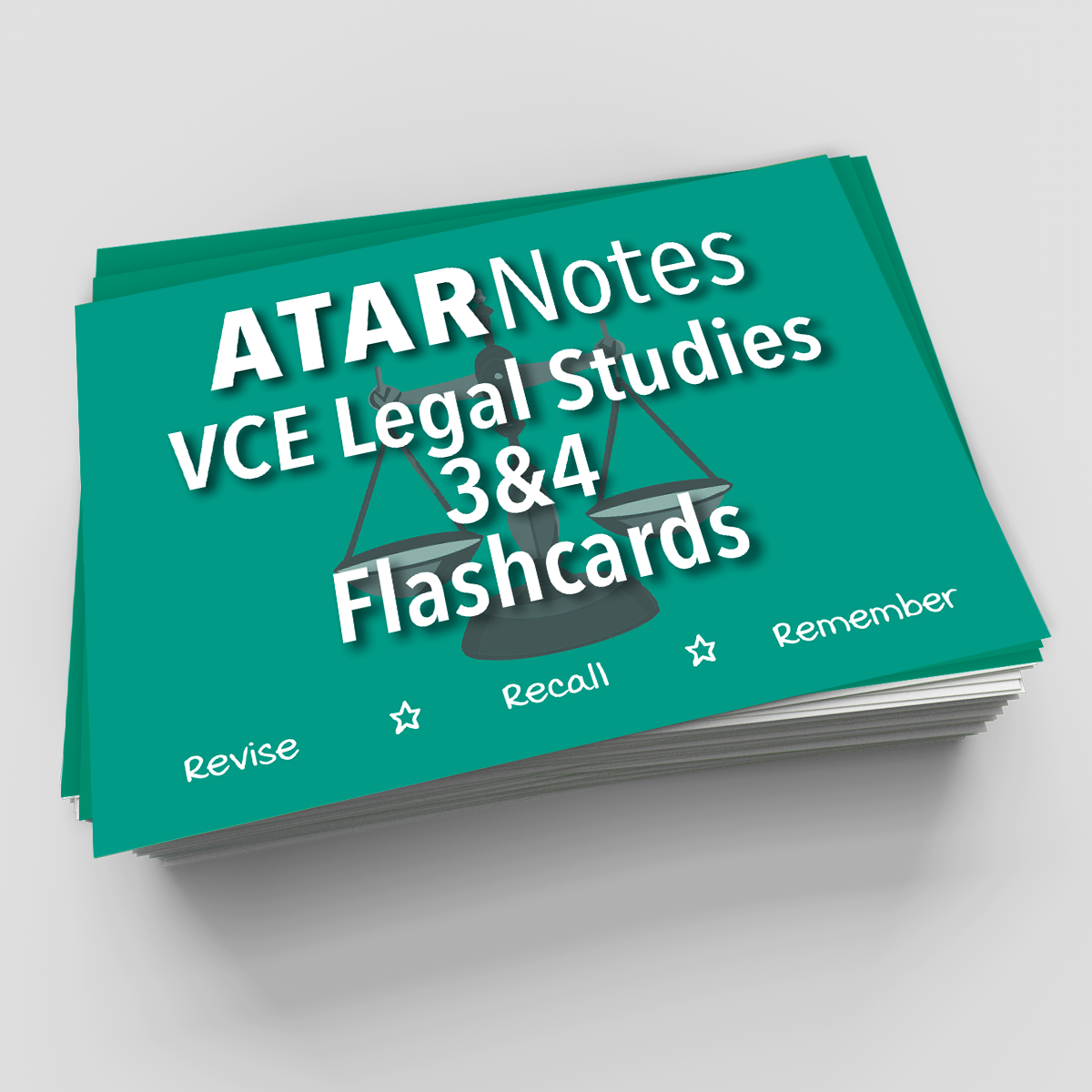 Stacked teal flashcards for VCE Legal Studies 3&4 by ATAR Notes, featuring scales of justice and revision prompts.