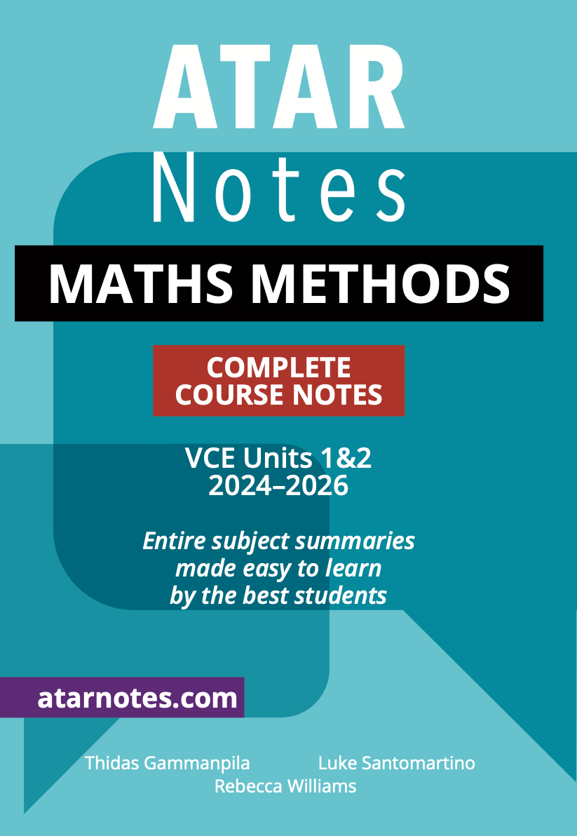 Complete Course Notes for VCE Maths Methods 1&2 (2024-2026) from ATAR Notes, on a blue-green and dark teal cover.