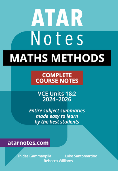 Complete Course Notes for VCE Maths Methods 1&2 (2024-2026) from ATAR Notes, on a blue-green and dark teal cover.