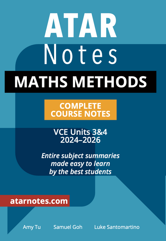 Blue and orange Course Notes by ATAR Notes, featuring 'MATHS METHODS' title and 'Complete Course Notes' on the cover.