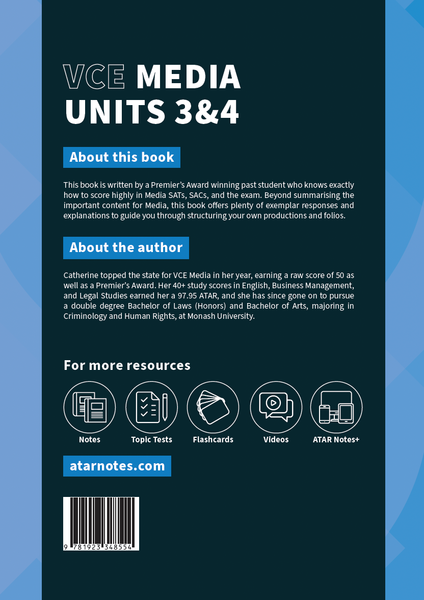 Dark blue VCE Media Units 3&4 Course Notes book by ATAR Notes, featuring white text, resource icons, and a barcode.
