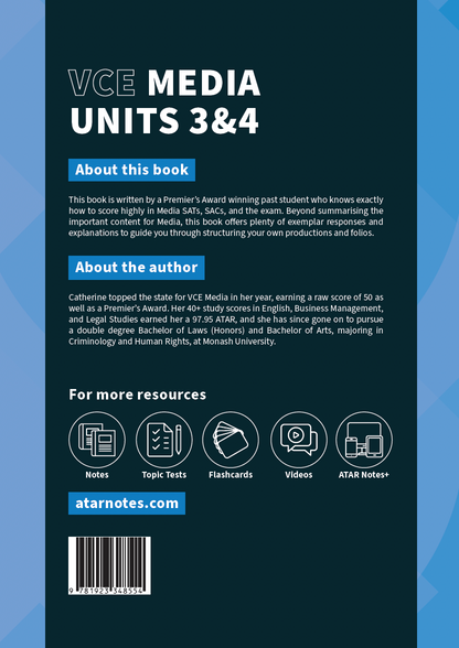 Dark blue VCE Media Units 3&4 Course Notes book by ATAR Notes, featuring white text, resource icons, and a barcode.