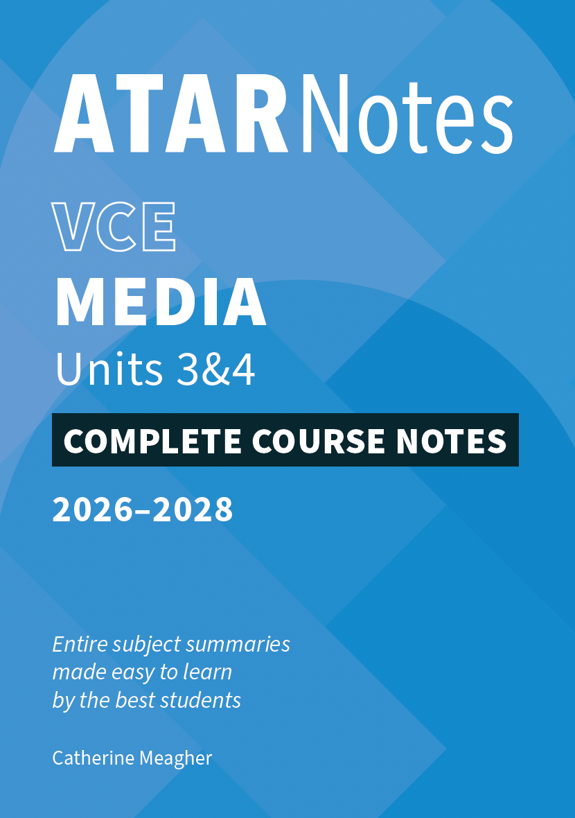 VCE Media Units 3&4 Complete Course Notes 2026-2028 by ATAR Notes, featuring white text on a blue geometric background.