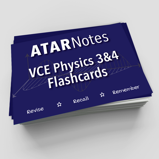 Dark blue VCE Physics 3&4 Flashcards by ATAR Notes, stacked with white text, star icons, and a graph pattern.