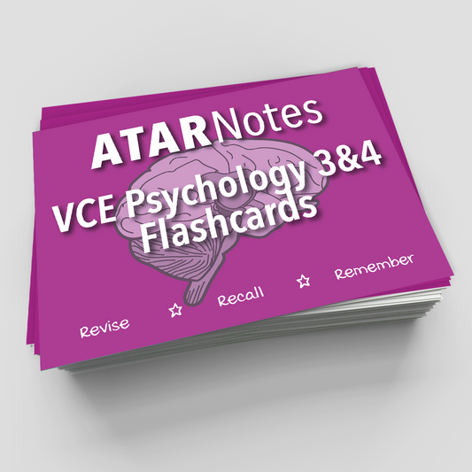 Purple flashcards by ATAR Notes, featuring "VCE Psychology 3&4 Flashcards" text and a brain diagram, neatly stacked.