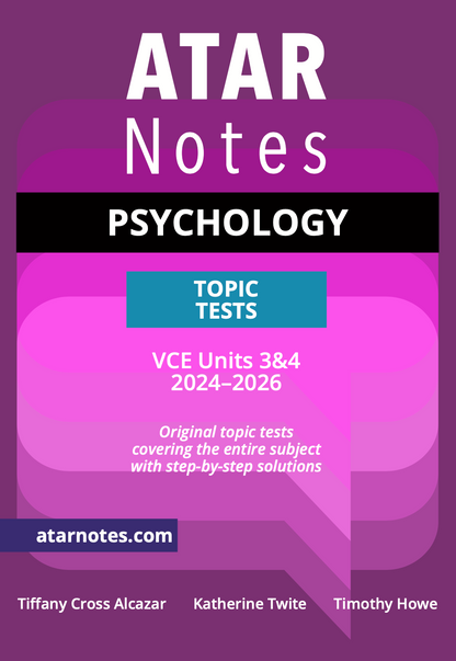 VCE Psychology 3&4 Topic Tests by ATAR Notes for 2024-2026, with a purple and pink cover and a blue 'Topic Tests' box.